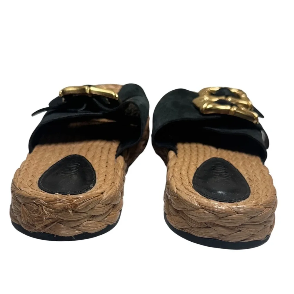 Schutz Enola Rope Platform Sandal Black Suede Gold Bamboo Buckle Womens 7.5B